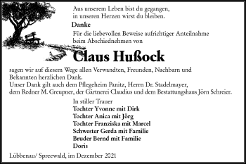 Traueranzeige von Claus Hußock von lausitzer_rundschau