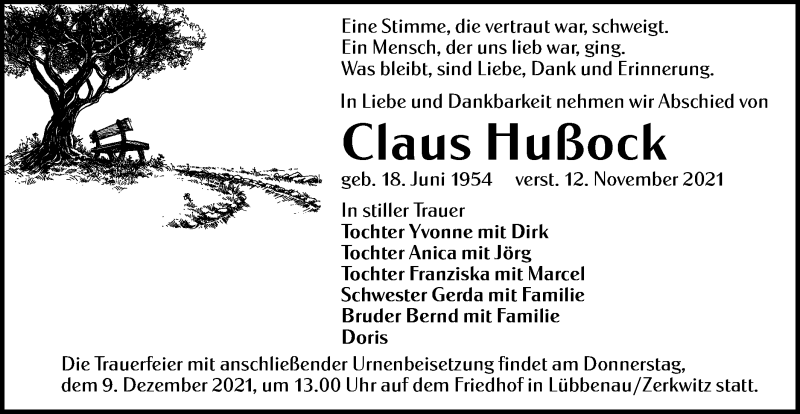  Traueranzeige für Claus Hußock vom 04.12.2021 aus lausitzer_rundschau