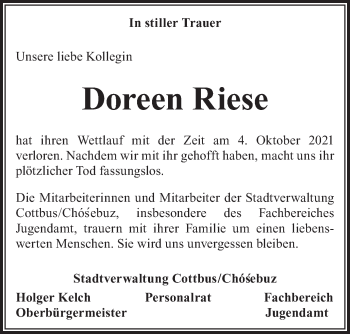 Traueranzeige von Doreen Riese von lausitzer_rundschau