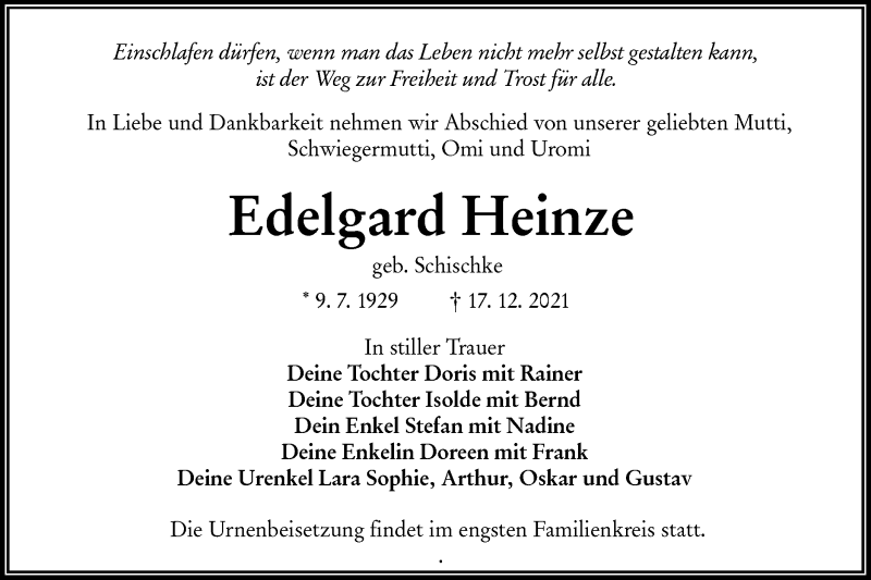  Traueranzeige für Edelgard Heinze vom 28.12.2021 aus lausitzer_rundschau