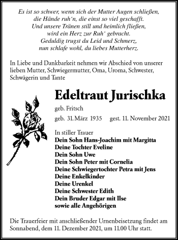 Traueranzeige von Edeltraut Jurischka von lausitzer_rundschau