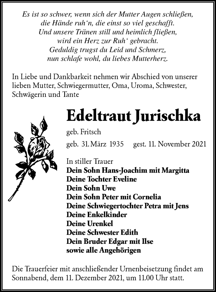  Traueranzeige für Edeltraut Jurischka vom 04.12.2021 aus lausitzer_rundschau