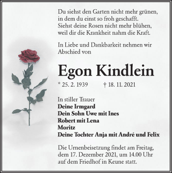 Traueranzeige von Egon Kindlein von lausitzer_rundschau