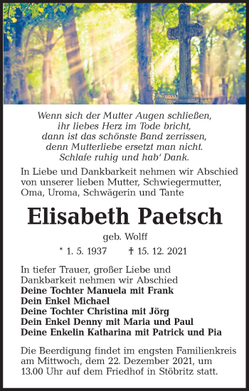 Traueranzeige von Elisabeth Paetsch von lausitzer_rundschau