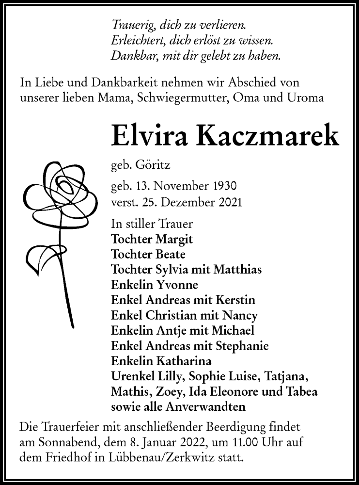  Traueranzeige für Elvira Kaczmarek vom 31.12.2021 aus lausitzer_rundschau