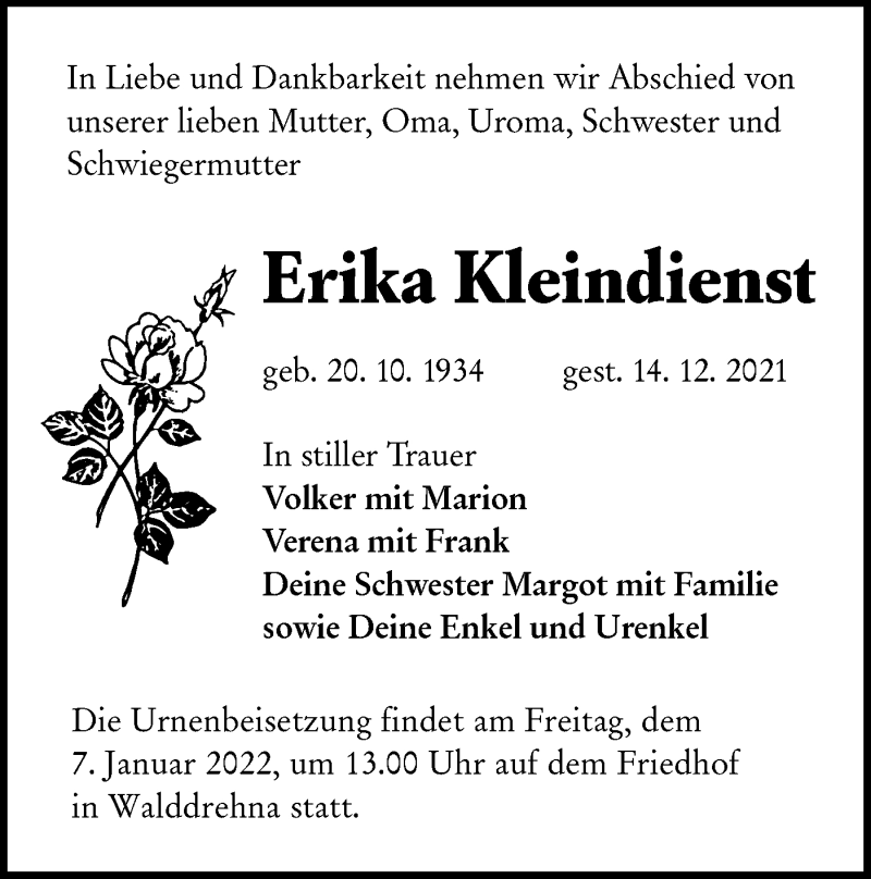  Traueranzeige für Erika Kleindienst vom 24.12.2021 aus lausitzer_rundschau