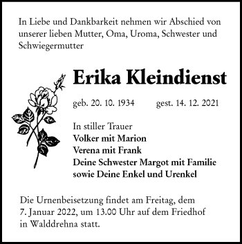 Traueranzeige von Erika Kleindienst von lausitzer_rundschau
