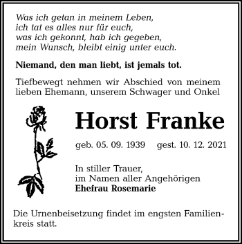 Traueranzeige von Franke Horst von lausitzer_rundschau