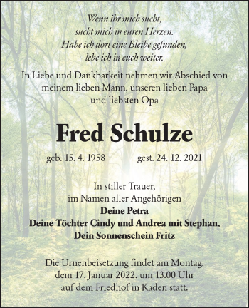 Traueranzeige von Fred Schulze von lausitzer_rundschau