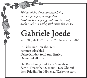 Traueranzeige von Gabriele Joede von lausitzer_rundschau