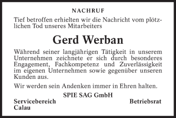 Traueranzeige von Gerd Werban von lausitzer_rundschau