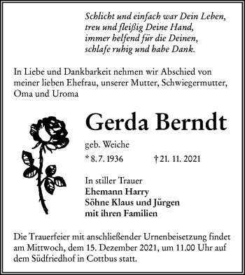 Traueranzeige von Gerda Berndt von lausitzer_rundschau