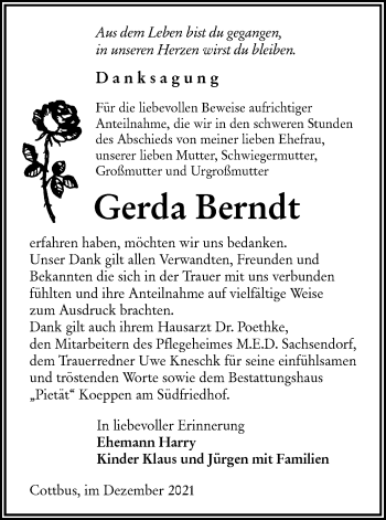 Traueranzeige von Gerda Berndt von lausitzer_rundschau