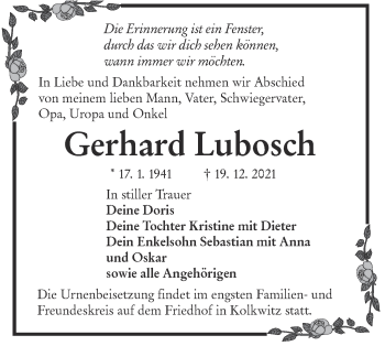 Traueranzeige von Gerhard Lubosch von lausitzer_rundschau