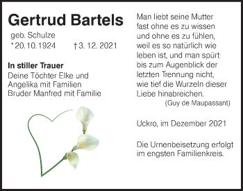 Traueranzeige von Gertrud Bartels von lausitzer_rundschau
