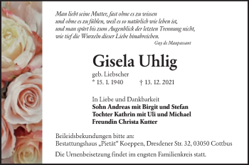 Traueranzeige von Gisela Uhlig von lausitzer_rundschau