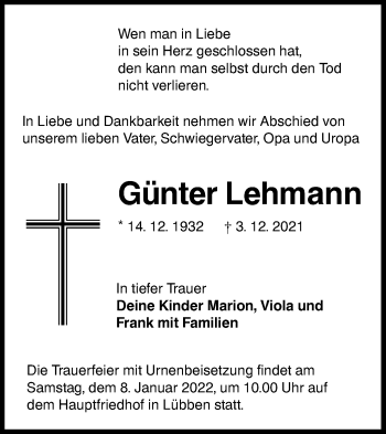 Traueranzeige von Günter Lehmann von lausitzer_rundschau