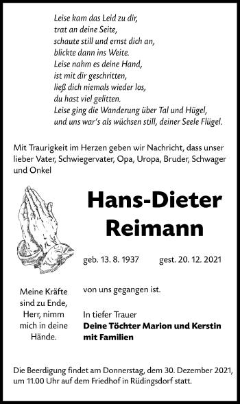 Traueranzeige von Hans-Dieter Reimann von lausitzer_rundschau