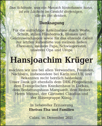 Traueranzeige von Hansjoachim Krüger von lausitzer_rundschau