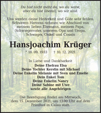 Traueranzeige von Hansjoachim Krüger von lausitzer_rundschau