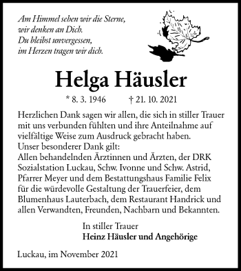 Traueranzeige von Helga Häusler von lausitzer_rundschau