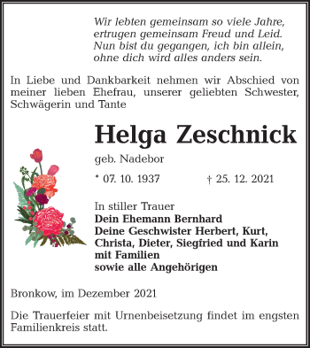 Traueranzeige von Helga Zeschnick von lausitzer_rundschau