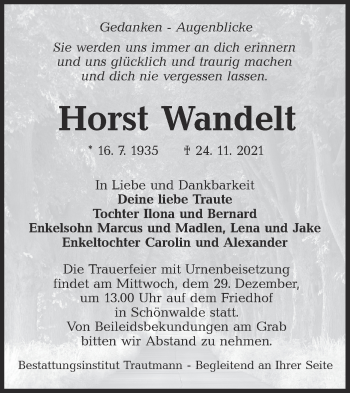 Traueranzeige von Horst Wandelt von lausitzer_rundschau