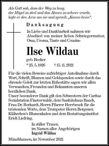 Traueranzeige von Ilse Wildau von lausitzer_rundschau