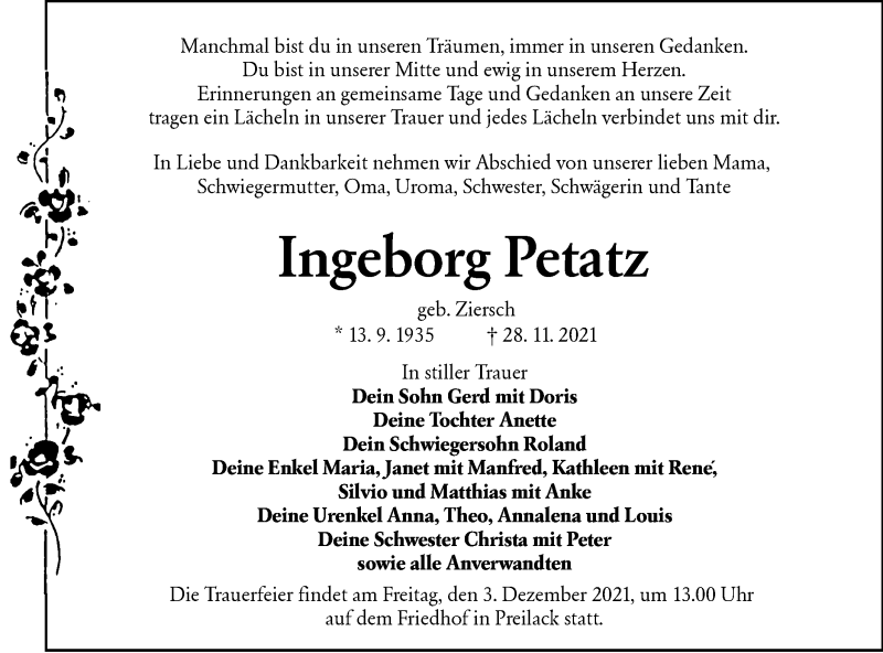  Traueranzeige für Ingeborg Petatz vom 02.12.2021 aus lausitzer_rundschau