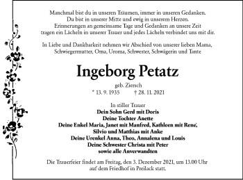 Traueranzeige von Ingeborg Petatz von lausitzer_rundschau