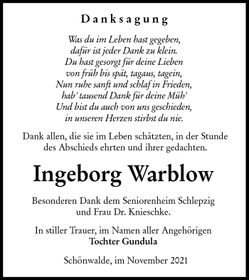 Traueranzeige von Ingeborg Warblow von lausitzer_rundschau