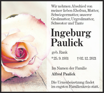 Traueranzeige von Ingeburg Paulick von lausitzer_rundschau