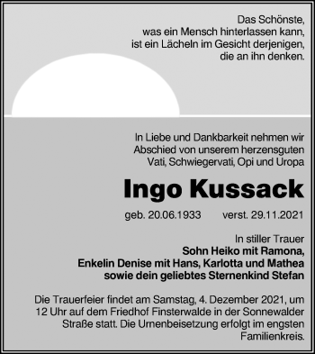 Traueranzeige von Ingo Kussack von lausitzer_rundschau