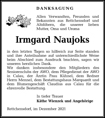 Traueranzeige von Irmgard Naujoks von lausitzer_rundschau