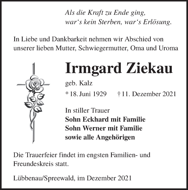  Traueranzeige für Irmgard Ziekau vom 18.12.2021 aus lausitzer_rundschau