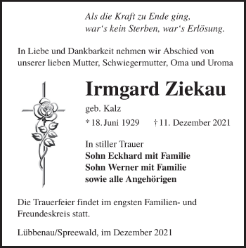Traueranzeige von Irmgard Ziekau von lausitzer_rundschau