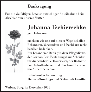 Traueranzeige von Johanna Tschierschke von lausitzer_rundschau
