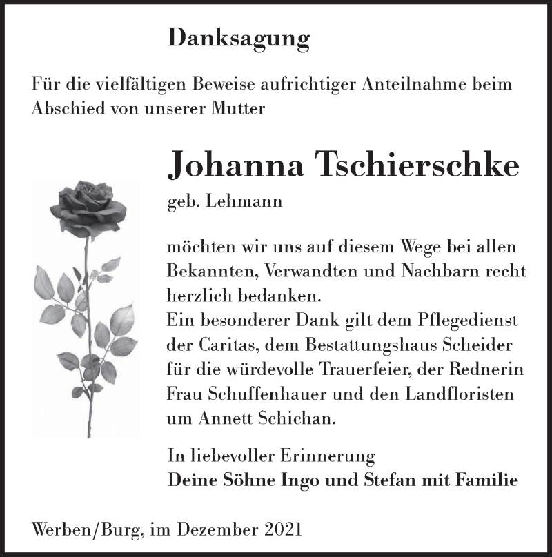  Traueranzeige für Johanna Tschierschke vom 04.12.2021 aus lausitzer_rundschau