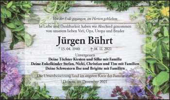 Traueranzeige von Jürgen Bührt von lausitzer_rundschau