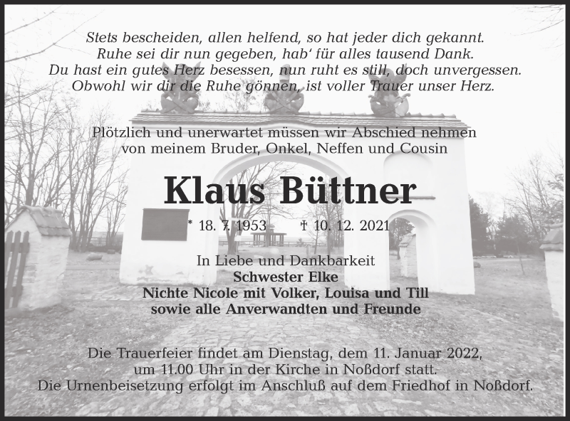  Traueranzeige für Klaus Büttner vom 31.12.2021 aus lausitzer_rundschau