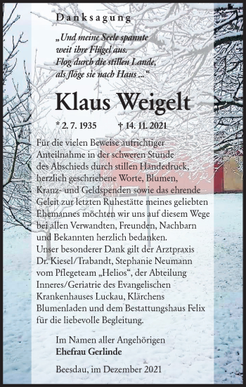Traueranzeige von Klaus Weigelt von lausitzer_rundschau