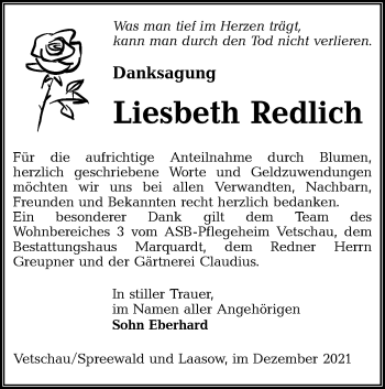 Traueranzeige von Liesbeth Redlich von lausitzer_rundschau
