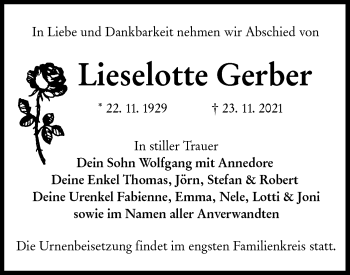 Traueranzeige von Lieselotte Gerber von lausitzer_rundschau