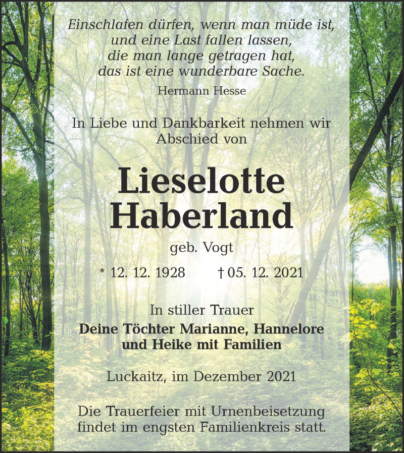  Traueranzeige für Lieselotte Haberland vom 11.12.2021 aus lausitzer_rundschau