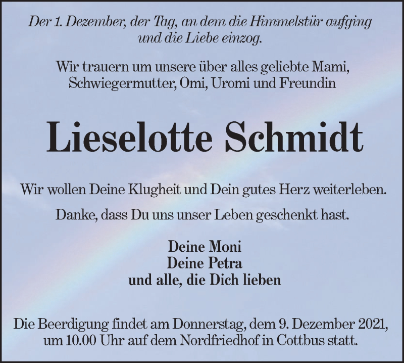  Traueranzeige für Lieselotte Schmidt vom 07.12.2021 aus lausitzer_rundschau