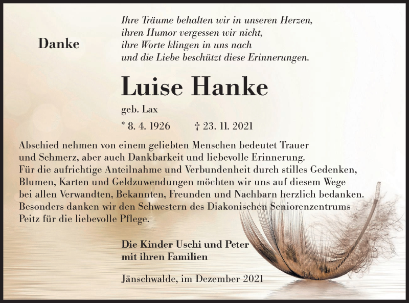  Traueranzeige für Luise Hanke vom 18.12.2021 aus lausitzer_rundschau