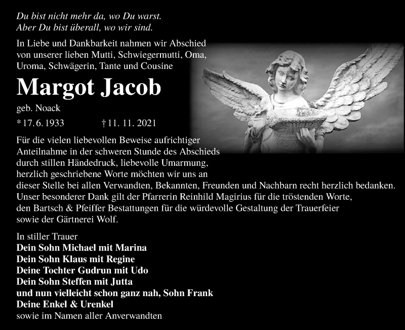  Traueranzeige für Margot Jacob vom 07.12.2021 aus lausitzer_rundschau