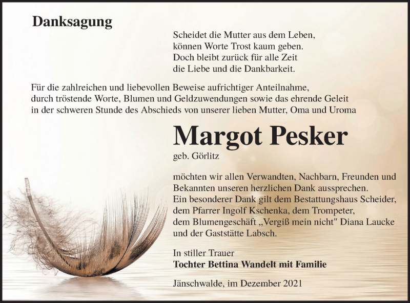  Traueranzeige für Margot Pesker vom 04.12.2021 aus lausitzer_rundschau