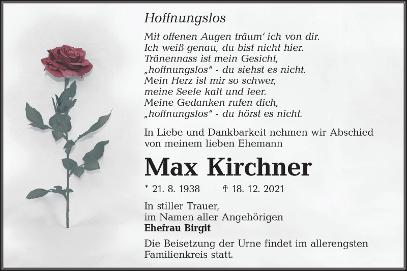  Traueranzeige für Max Kirchner vom 29.12.2021 aus lausitzer_rundschau