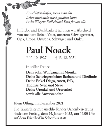 Traueranzeige von Paul Noack von lausitzer_rundschau
